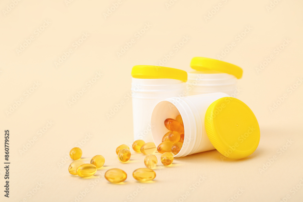 Bottles with fish oil capsules on beige background