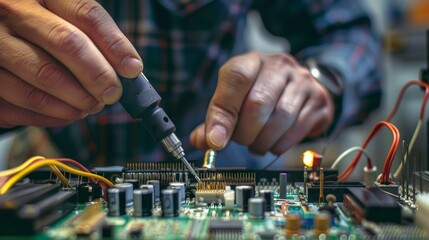 A technician uses a tool to check the electrical current on a TV circuit board. This is part of a service after the sale to fix electrical equipment within the insurance coverage