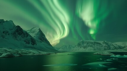 A view of a green aurora bore over the mountains and water, AI