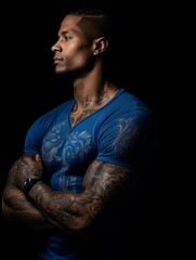 Canvas Print - A man with tattoos standing in a dark room, AI