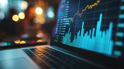 Poster - A close-up of a laptop screen with an upward-trending profit graph, with a reflection of a smiling businessperson in the screen