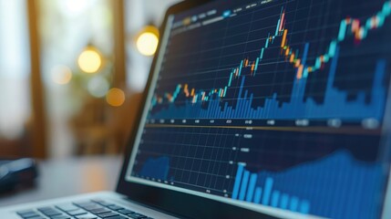 Poster - A close-up of a laptop screen with an upward-trending profit graph, with a reflection of a smiling businessperson in the screen