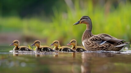 Wall Mural - This heartwarming image shows a mother duck leading her ducklings across a scenic pond, highlighting the themes of guidance, protection, and natural beauty in wildlife.