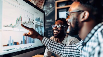 Poster - A financial advisor pointing at a chart on a computer screen showing profit growth to a client, both smiling and nodding