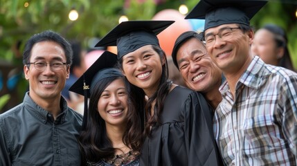 A graduation party with graduates wearing caps and gowns, celebrating with friends and family