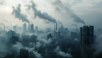 An urban landscape dominated by tall skyscrapers and industrial smokestacks, captured on a hazy day with a thick layer of clouds in the sky
