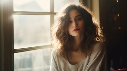 Wall Mural - young woman sitting at home by a large window with soft light we