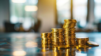 Wall Mural - A stack of gold coins growing taller with each frame, symbolizing profit growth, with a blurred office background