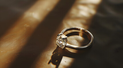 Wall Mural - Close up of diamond ring with sunlight and shadow background Love valentine relationship and wedding concept Soft and selective focus : Generative AI