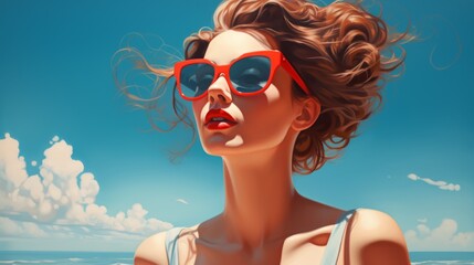 A woman wearing red sunglasses looks towards the horizon with wind-swept hair, representing freedom, summer vibes, and the joy of beachside relaxation under clear skies.