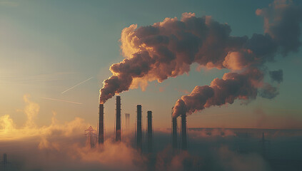 Wall Mural - A photo of multiple smoke plumes rising from tall industrial chimneys against a bright blue sky
