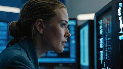 Poster - A woman is looking at a computer screen with a blue background