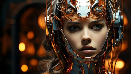 Poster - Connection of human woman and artificial intelligence robot. The concept of merging a person and a computer with neural networks in the future