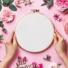 Embroidery concept: Female hands holding a round wooden frame with a blank canvas, set against a pink background adorned with needlework accessories.