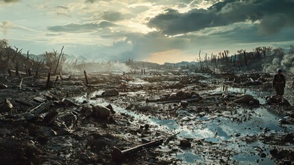 Wall Mural - A battle-scarred landscape littered with the bodies of soldiers