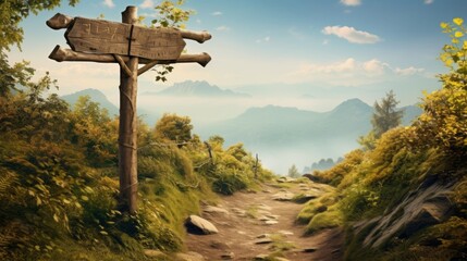 Wall Mural - A wooden signpost stands by a scenic trail, overlooking a breathtaking view of distant mountains and lush greenery, representing adventure and connection with nature.