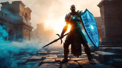Poster - Male warrior warrior defender with a sword and a cyber shield in his hands, the concept of cyber security and data protection from hackers