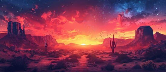 Wall Mural - Sunset in the Desert with Starry Sky