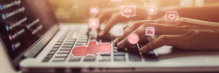 Poster - A close-up view of hands typing on a laptop keyboard, with glowing social media icons hovering above. Perfect for showcasing online engagement and digital marketing. Generative AI