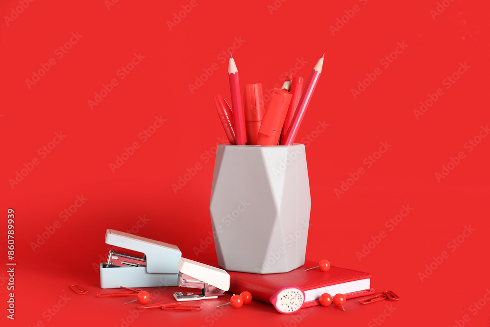 Different stationary on red background