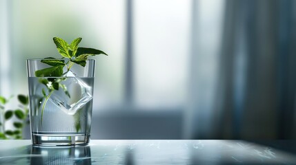Wall Mural - A highball glass with a simple clear drink, a sprig of mint resting on the rim