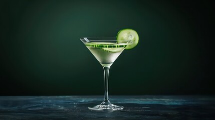 Wall Mural - A minimalist arrangement of a cocktail in a clear glass with a single cucumber slice floating on top