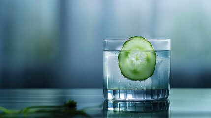 Wall Mural - A minimalist arrangement of a cocktail in a clear glass with a single cucumber slice floating on top