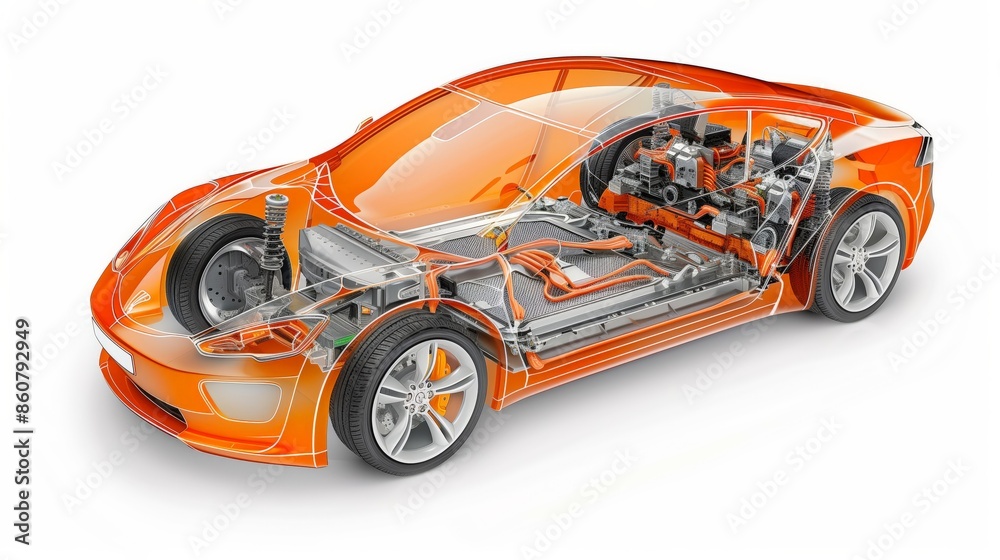Auto 3d Module A car is shown in a 3D model, with its engine and other parts visible ...