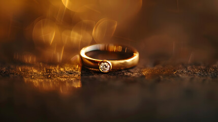 Wall Mural - Gold wedding ring with a diamond on a brown background focus on the wedding ring blurred background : Generative AI