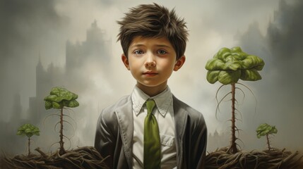 Wall Mural - A young boy with tousled hair stands in front of small trees with roots visible, an urban skyline blurred in the background, evoking themes of growth and resilience.