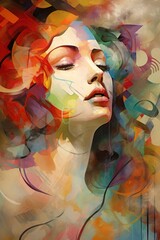 Sticker - Abstract oil painting of colorful woman s face with swirling patterns. Concept of beauty, creativity, artistic expression. Metaphorical associative card. Psychological abstract picture. Vertical