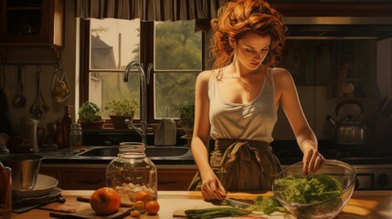 Wall Mural - A woman with curly red hair is preparing a salad in a cozy, rustic kitchen with a window behind her, letting in natural light and showcasing a serene outdoor view.