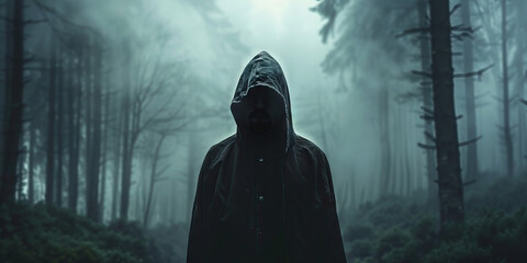 A hooded figure stands at the edge of a misty forest, their face hidden and intentions unclear