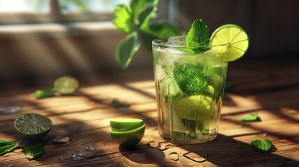 Wall Mural - A simple glass of mojito with mint leaves and lime slices