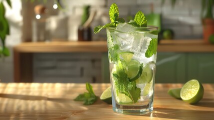 Wall Mural - A simple glass of mojito with mint leaves and lime slices