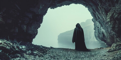 Wall Mural - A mysterious figure cloaked in darkness, standing at the entrance of a forgotten cave