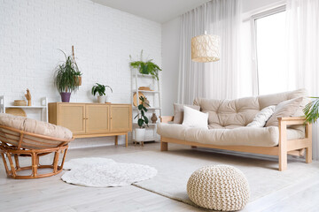 Wall Mural - Interior of living room with sofa, armchair and commode