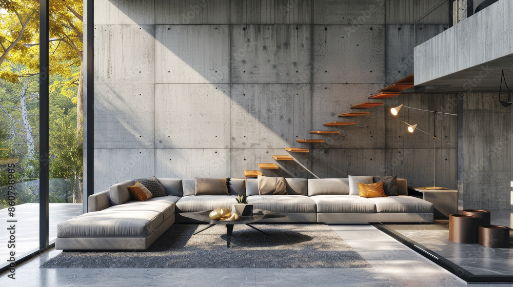Living room interior with concrete walls, stairs and grey couch, modern ...