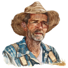 Portrait of an elderly man wearing a straw hat and checkered shirt. A rustic depiction with a warm and nostalgic feel.