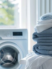 Aufkleber - A stack of neatly folded, clean laundry sits on a countertop next to a washing machine. Generative AI