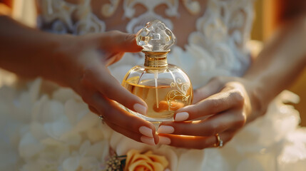 Wall Mural - The bride holds perfume Cropped photo focus on perfume Beautiful hands and manicure : Generative AI