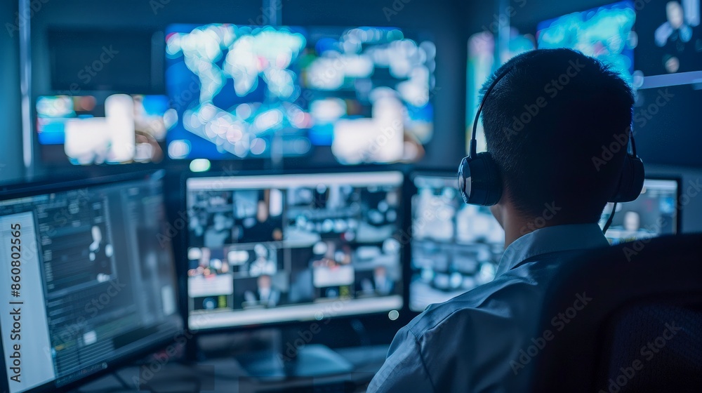 Security professional monitors multiple screens in a control room, ensuring safety and surveillance through advanced technology systems.