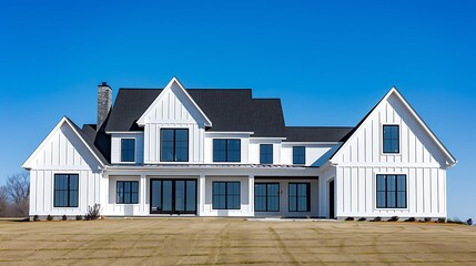 Wall Mural - modern farmhouse with white James Hardie Siding under a clear blue sky