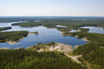 Canvas Print - Aerial view of lake and land area generative AI