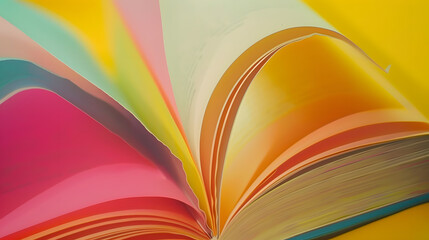 Poster - The book opens and the book page rolls into the heart colorful background selective focus and with a very shallow depth of field : Generative AI