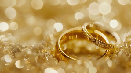 Wall Mural - Gold wedding rings in a macro shot Blurred background Details Elegant wedding rings for the bride and groom with highlights selective focus : Generative AI