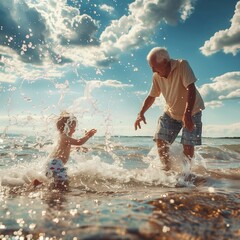 Senior man and a child playing and splashing with water on a beach in summer