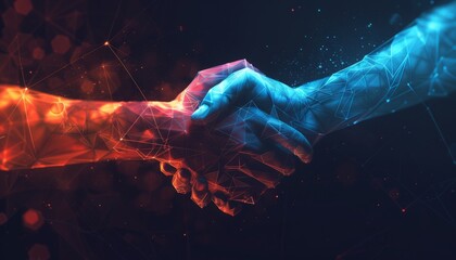 Polygonal handshake with tech-inspired elements, radiant glow. 🤝✨ Contemporary, futuristic interpretation of partnership. Digital illustration of modern, tech-infused collaboration.