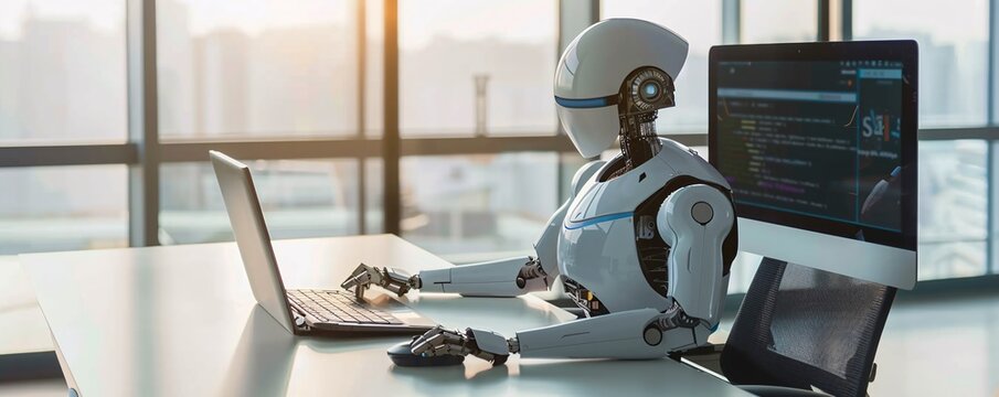 White robot is working at his desk in a modern office, developing software