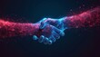 © Elzerl - Polygonal handshake illustration with tech-inspired elements, radiant glow. 🤝✨ Contemporary, futuristic partnership concept. Digital art showcasing modern collaboration.